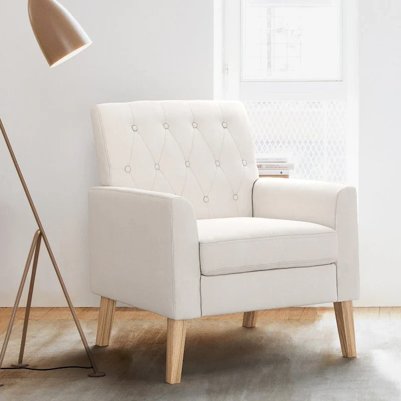 Linen and Walnut Legs Mid Century Modern Button Tufted Accent Chair - 29.53 H X 30 W X 33.07 D