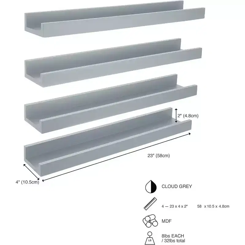 Cloud Gray Floating Wall Shelves, Set of 4