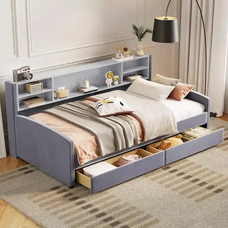 Platform Corner Bed Frame Upholstered Bed with Storage and Drawers