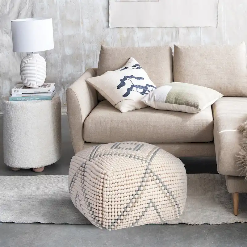 Cream/Grey/Teal Wool & Cotton Round Pouf Ottoman, 24