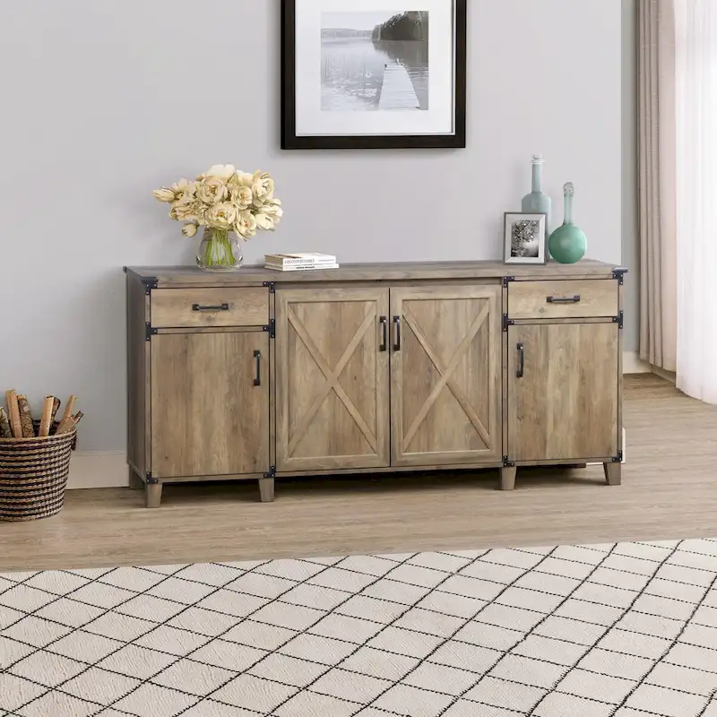 Oxford Farmhouse Rustic Oak Four-Door Credenza File Cabinet - 64.7W x 15.8D x 29.7H