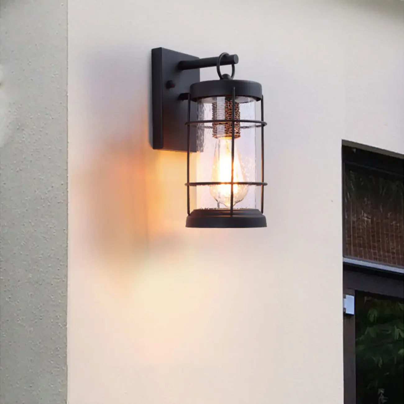 Industrial Outdoor Wall Light Black Metal Cylinder Glass Lantern