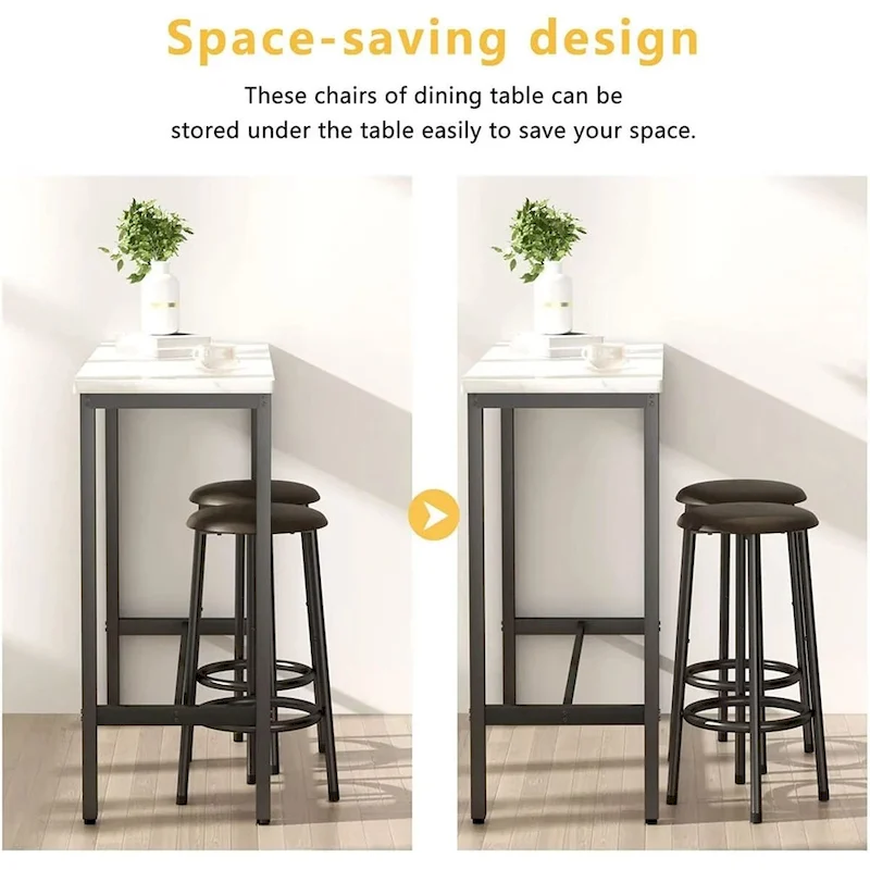 3 Piece Kitchen Pub Dining Set, Modern Faux Marble Counter Height Bistro Bar Table Set with 2 PU Leather Bar Stools