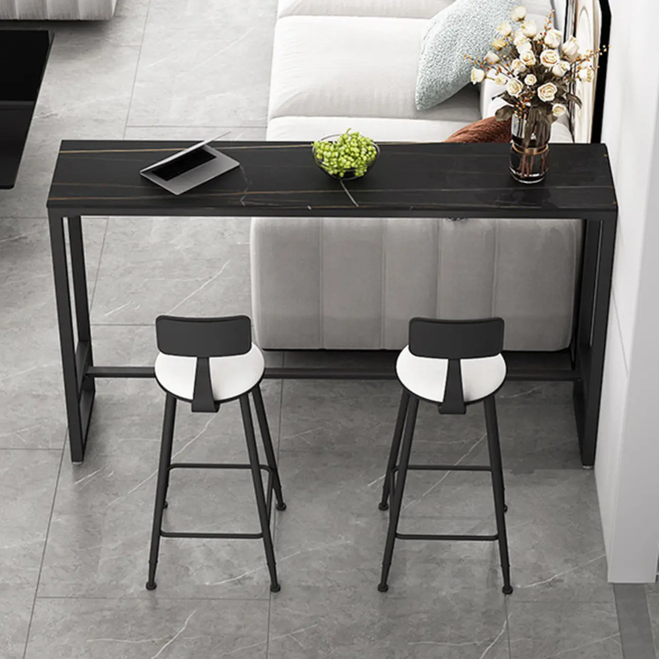 Black Modern Stone Top Trestle Base Bar Table with Footest