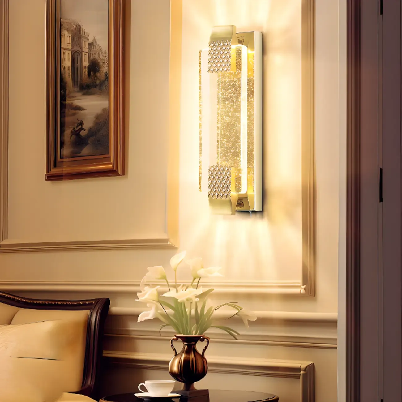 Glamorous Rectangle Gold Crystal LED Wall Sconce
