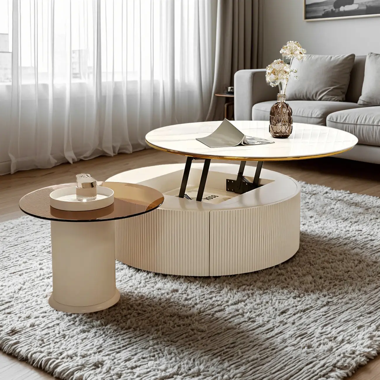 White Round Wood Lift-Top Drawer Coffee Table