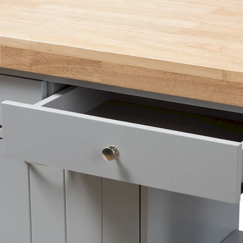 Farmhouse Grey Wood Kitchen Cart with Rubberwood Top