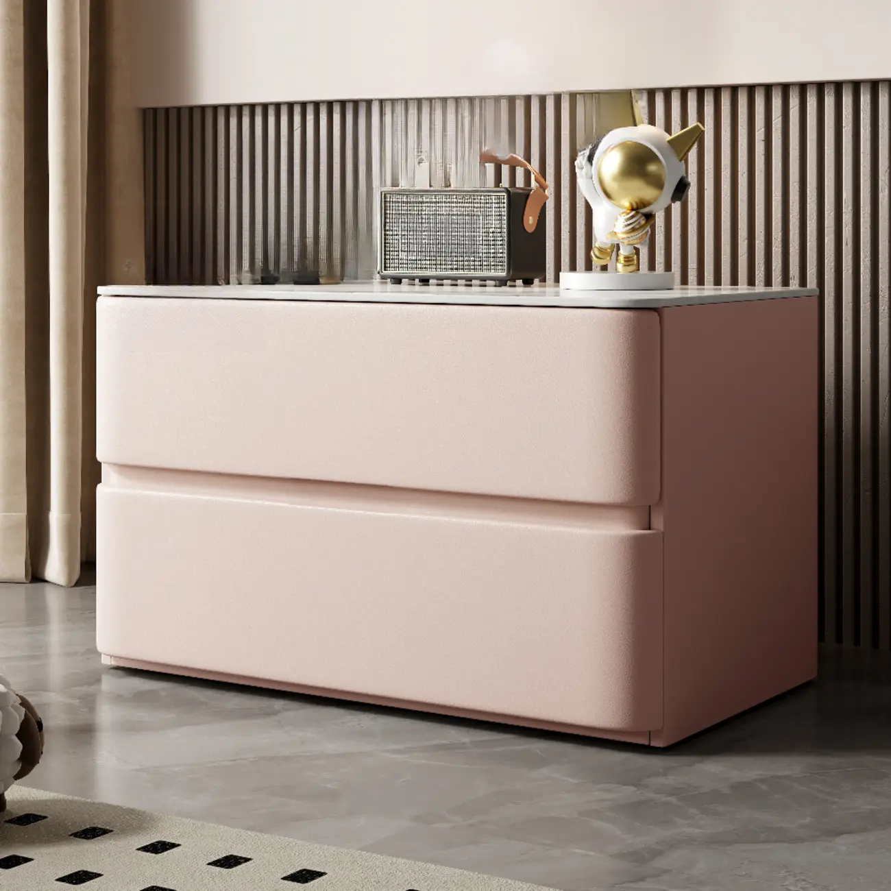 Modern Stone Top Wooden White Bedside Table 2 Drawers