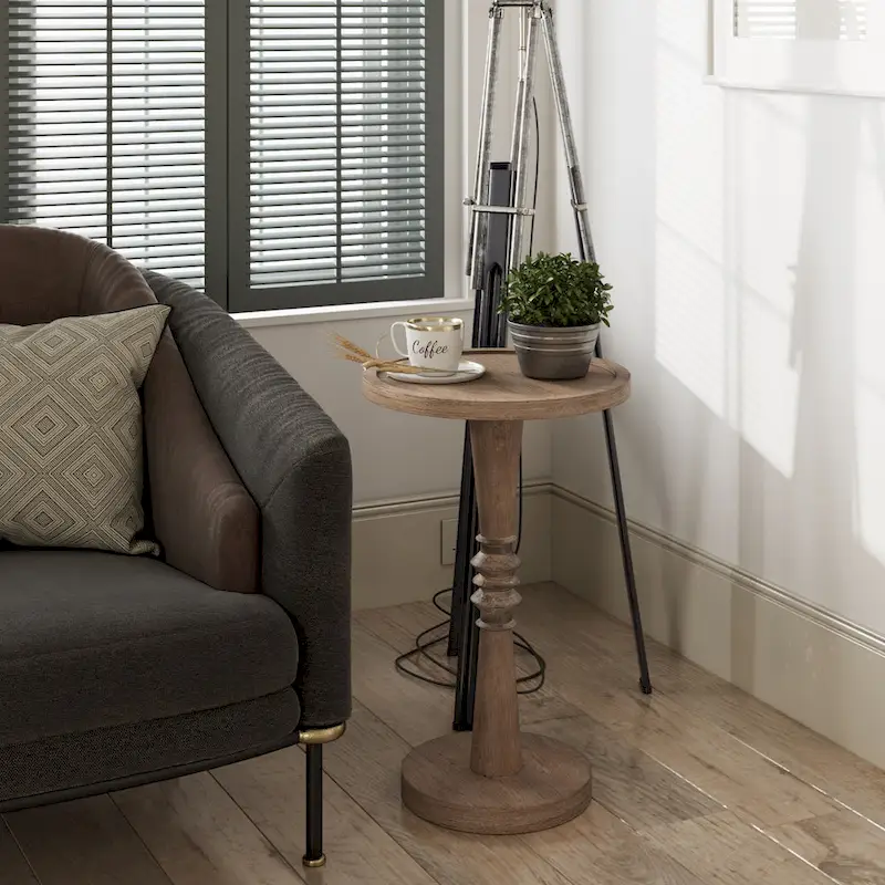 COZAYH Pedestal Small Drinking Table, Farmhouse Tray Top End Table, Distressed Finish, Traditional