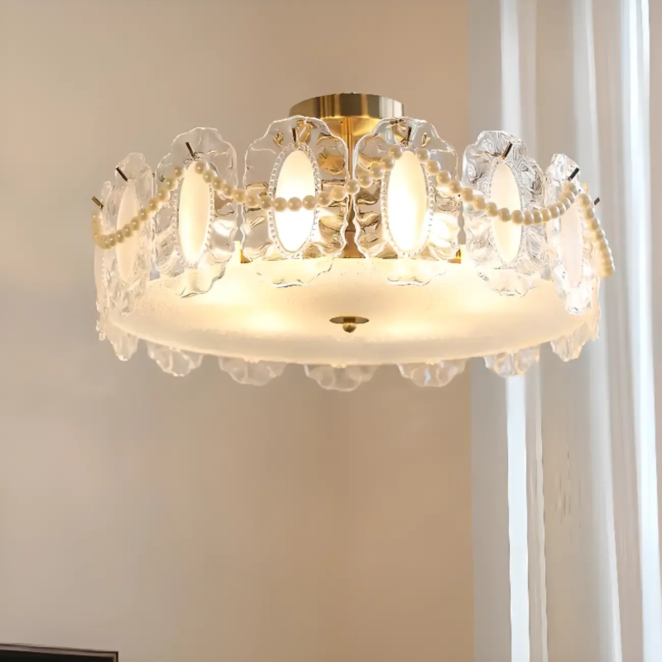 Elegant Glass Drum Shape Golden Semi Flush Light