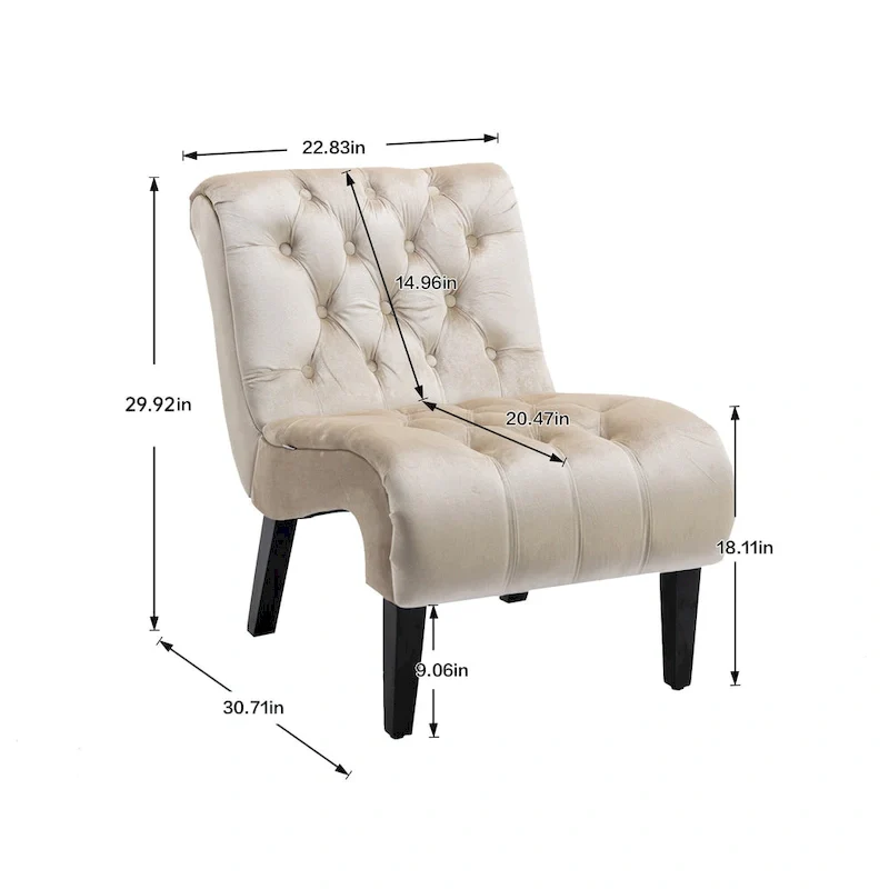 Beige Velvet Accent Chair with Button Tufting and Wooden Legs