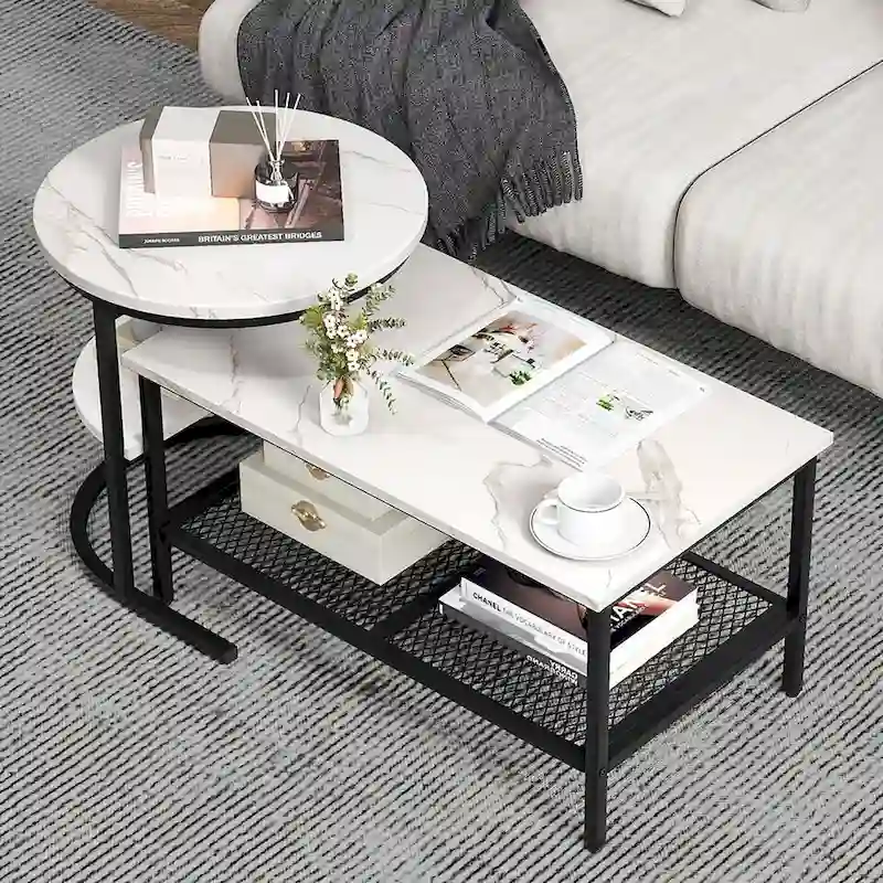 Gymax Nesting Coffee Table Set of 2 Faux Marble Top Detachable w/