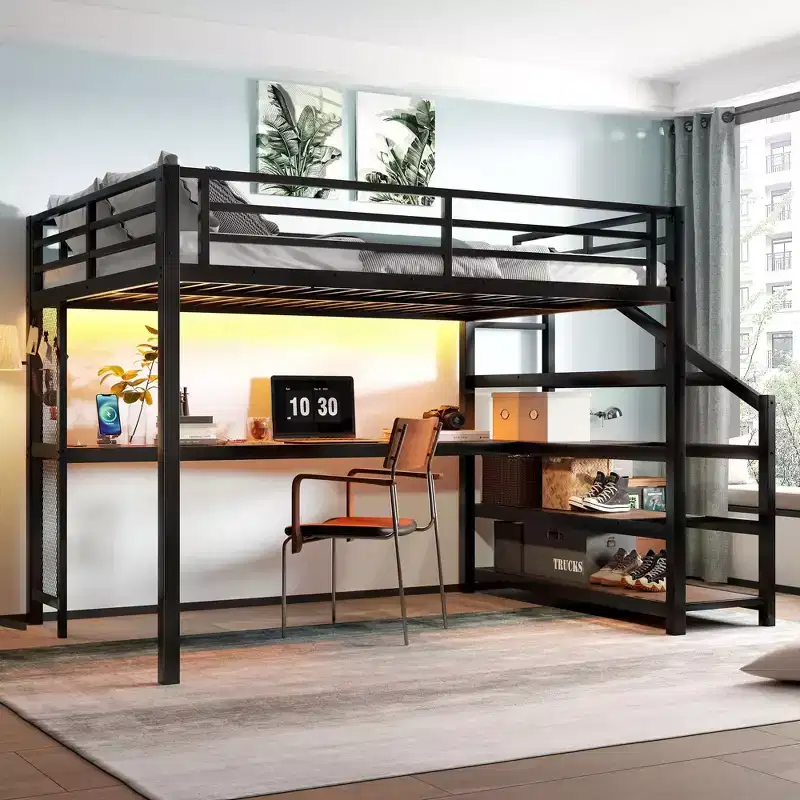 Queen Loft Bed with Desk and Storage Stairs Metal Loft Beds with LED Lights USB Ports Multifunctional Iron Nets No Spring Box Black