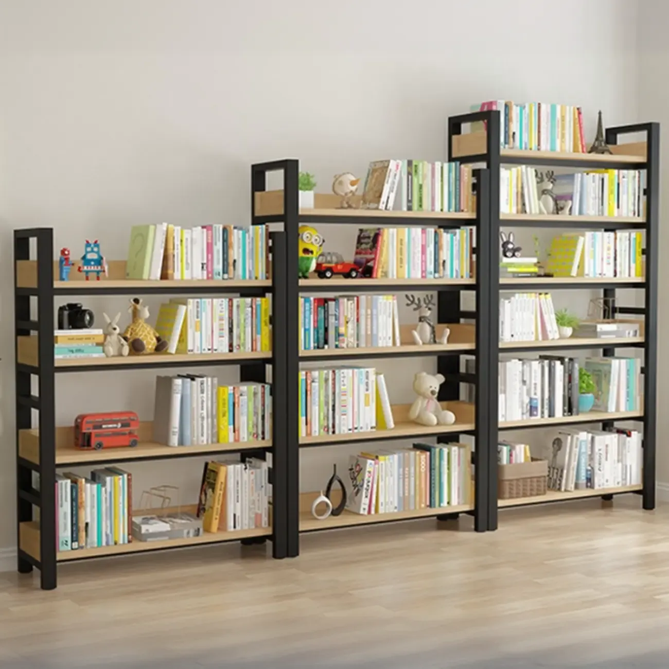 Freestanding Simple Multi-Layer Wood Bookshelf in Steel Frame