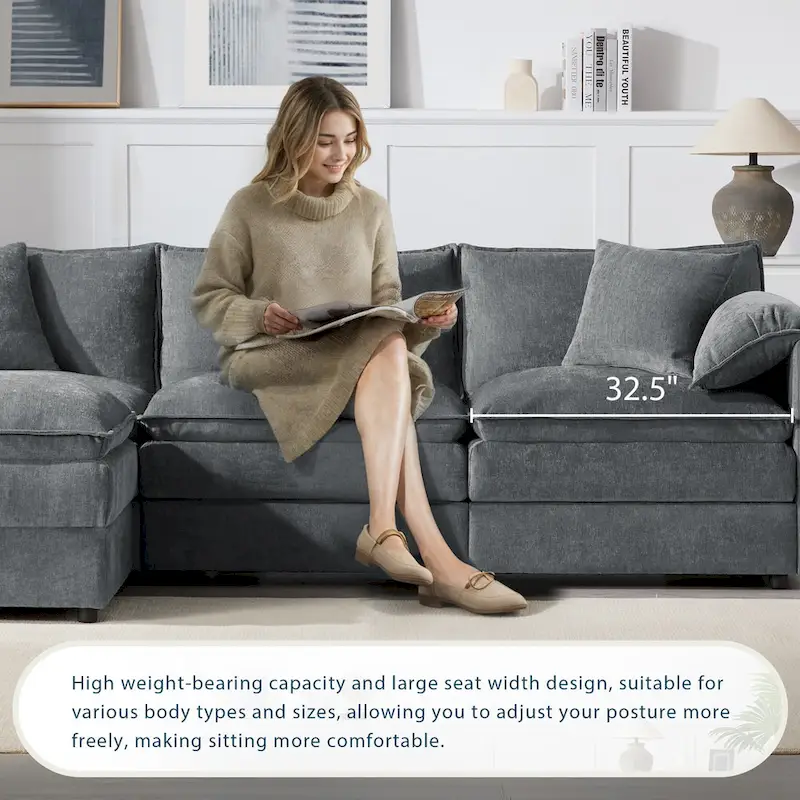 103.5 Chenille Sectional Sofa with 4-Seat L-Shaped Cloud Couch and Ottoman & Pocket Spring Cushions (330lb Capacity)