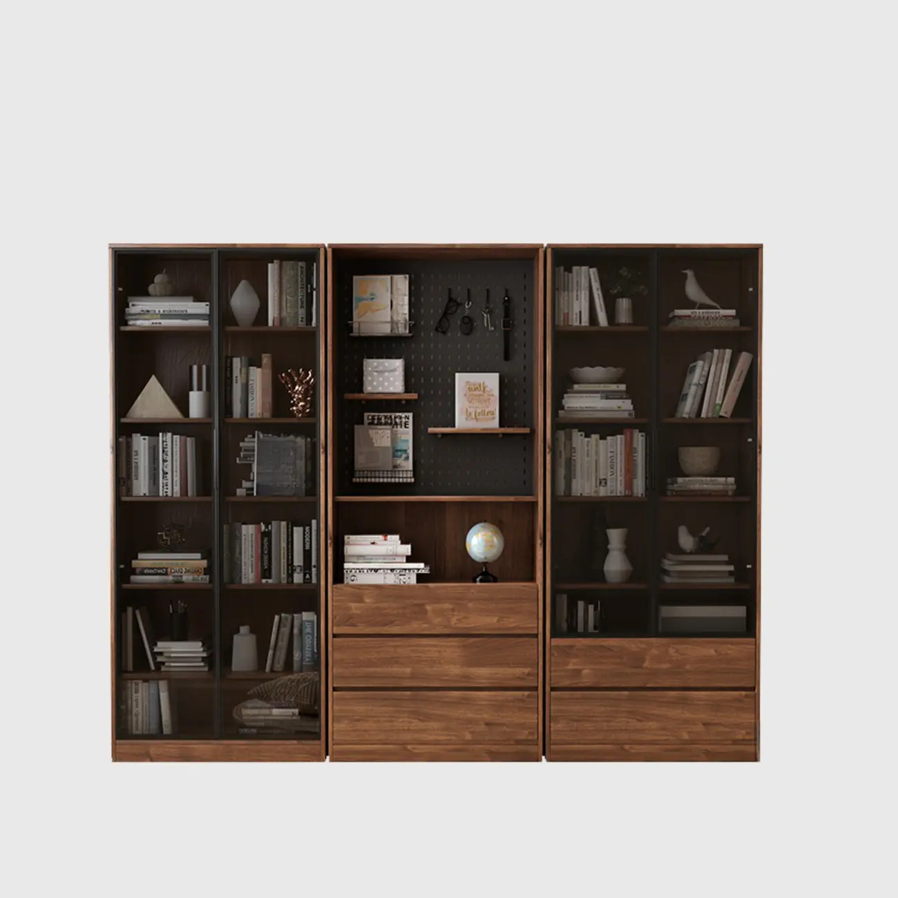 Traditional Brown Pecan Wood Bookcase with Drawers