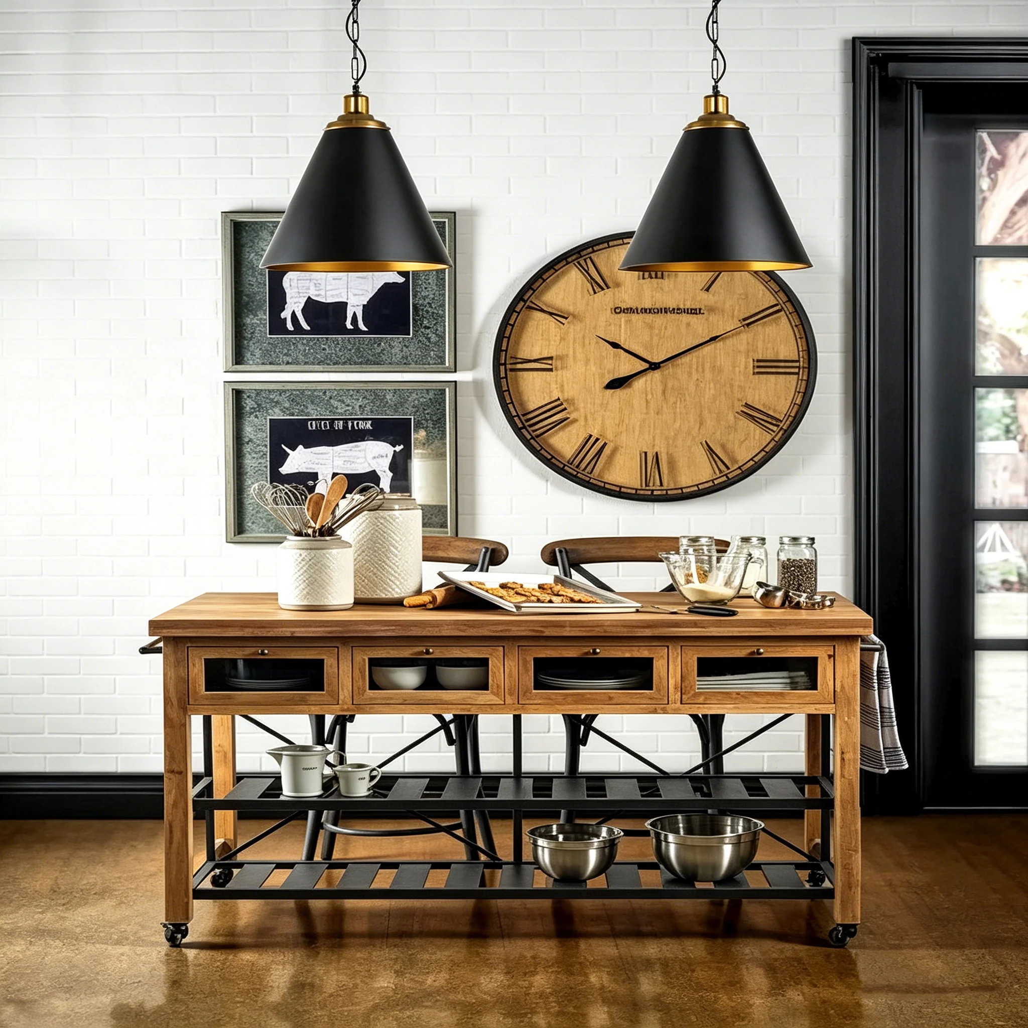 Solid Wood Top Two-Tier Black Metal Rolling Kitchen Island - 28.0L x 60.0W x 34.0H