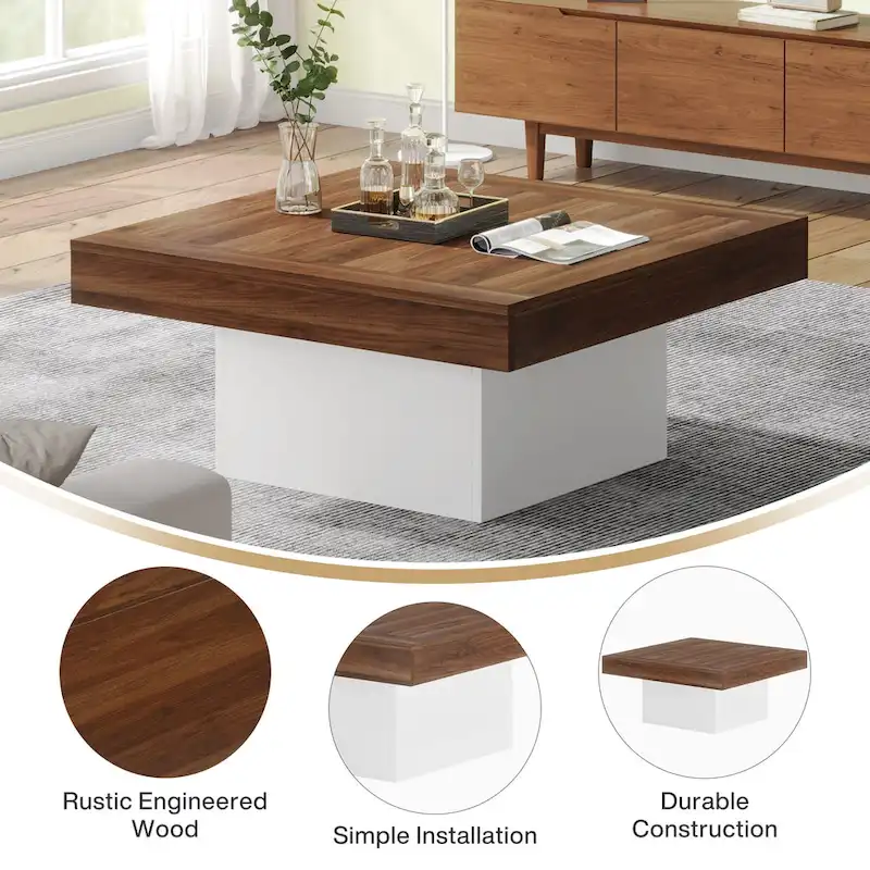 Farmhouse Coffee Table Square LED Coffee Table Engineered Wood Coffee Table