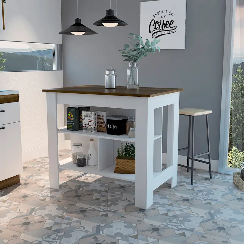 FM Furniture Brooklyn Kitchen Island, Three Concealed Shelves