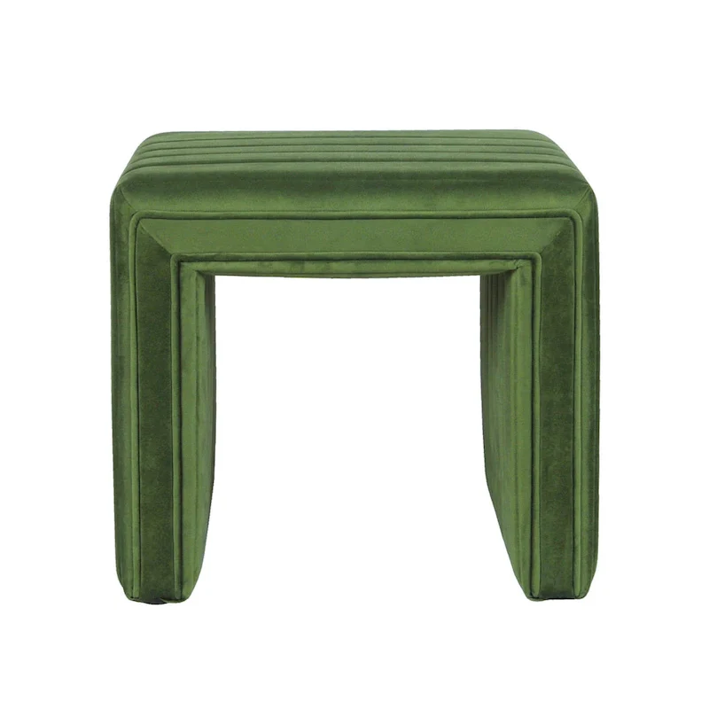 Ada Footstool Ottoman with Channel Tufted Green Velvet, 19 Inch
