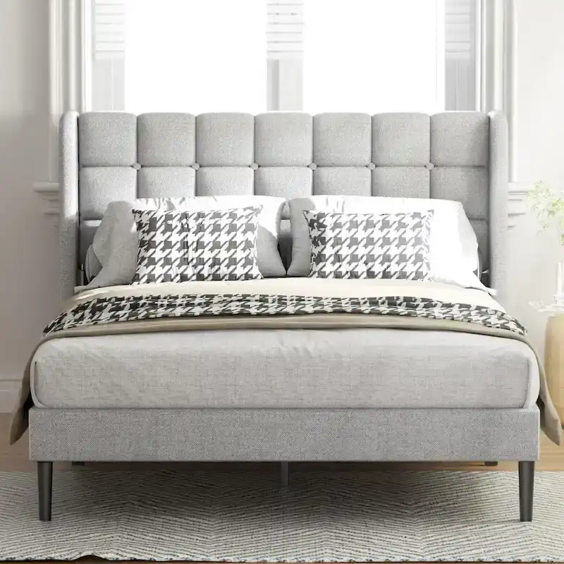 Upholstered Wingback Bed Frame with Wooden Slats
