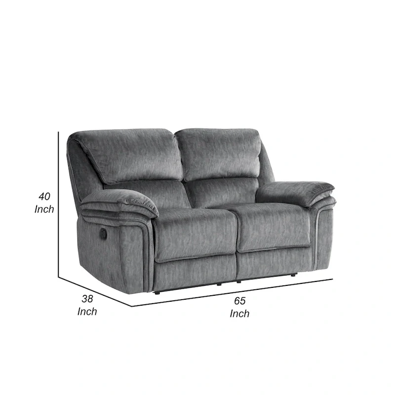 Muir 65 Inch Manual Recliner Loveseat, Tufted Gray Microfiber, Solid Wood