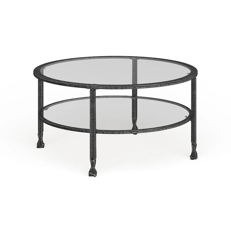SEI Furniture Glenn Distressed Black Metal Round CoffeeTable with Glass Top and Shelf