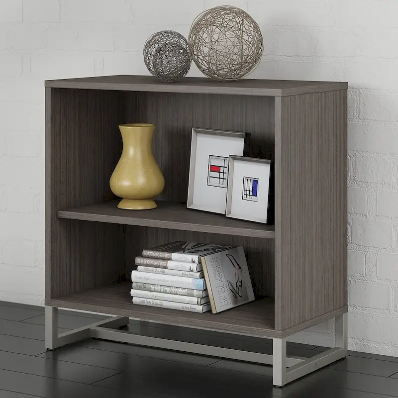 Grey / Tan / White / Taupe / Brown 2-Shelf Bookcase Cabinet with Metal Base