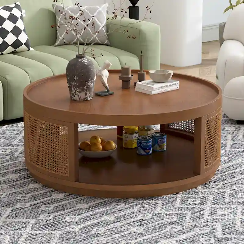 36.8 Wooden Mid-Century Modern Coffee Table, Round Cane Coffee Table with PE Rattan Side