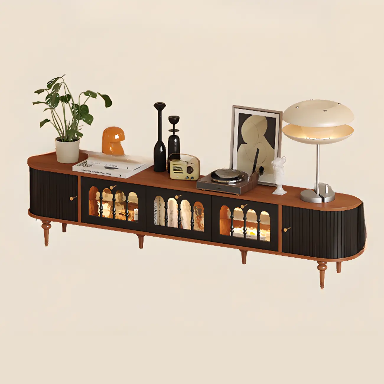 Warm Shaker Wood TV Stand with Cable Management & Light & 4-Cabinet/5 Cabinets/6 Cabinets