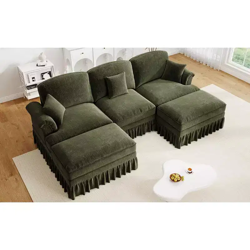 MooxvMoo 107in Chenille Midcentury Modern Sofa U Shaped Couch, with Detachable Ruffle Hem, Sectional Couches W/ Throw Pillows & 2 Ottoman, Green