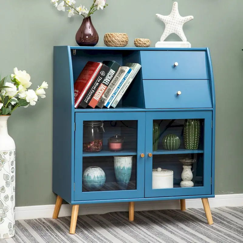 Blue Cabinet with Glass Doors Sideboard