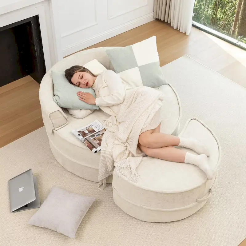 Modern Round Barrel Accent Chair with Ottoman - Velvet Lounge Sofa