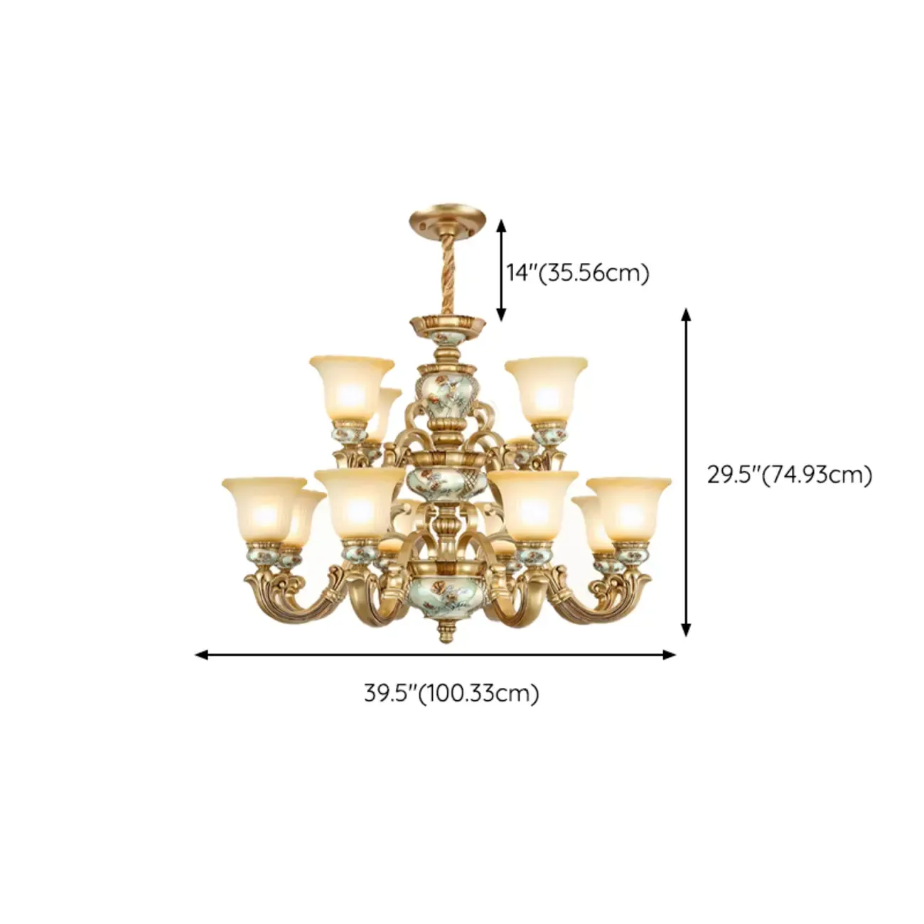 Antique Gold Ceramic Chandelier with Frosted Glass Bell Shape
