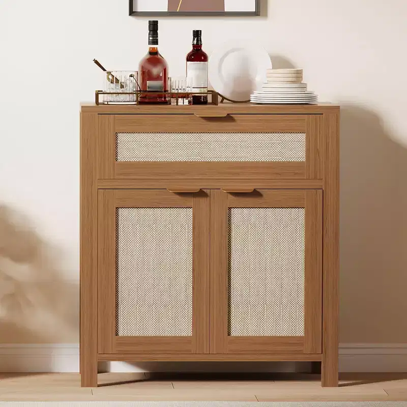 Dark Brown / Light Brown Wood Rattan Sideboard with Drawers & Shelves, 2–3 Pack