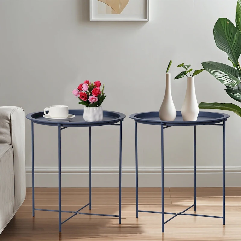 Javlergo Set of 2 Folding Round TV Tray Tables, Small Round Steel Side Table, No Assembly Required - 18.5 x 18.5 x 19.7 in