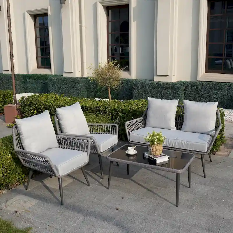 Tappio 4-Piece Outdoor Wicker Cushioned Sofa Conversation Set - 49.64W x 27.38D x 29.27H