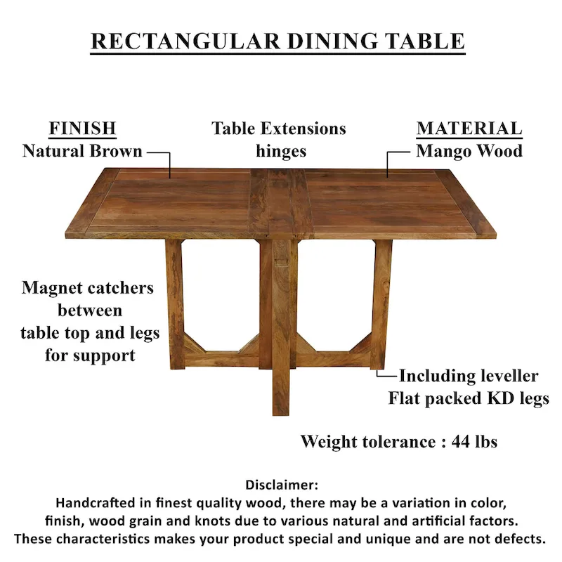 62 Inch Rectangular Dining Table, Handcrafted Natural Mango Wood with Magnetic Catchers