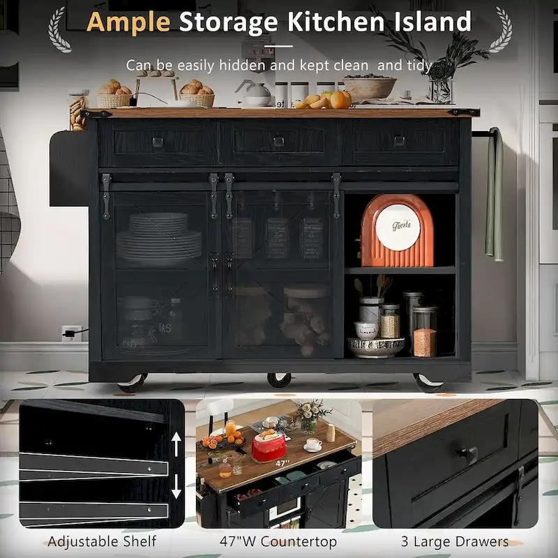 Farmhouse Kitchen Island Cart with Wheels, Power Outlet