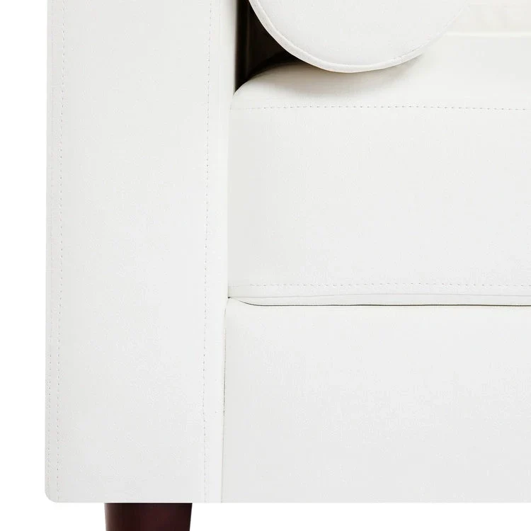 Modern Genuine Leather Sofa with Wooden Legs & Additional Bolster Pillow