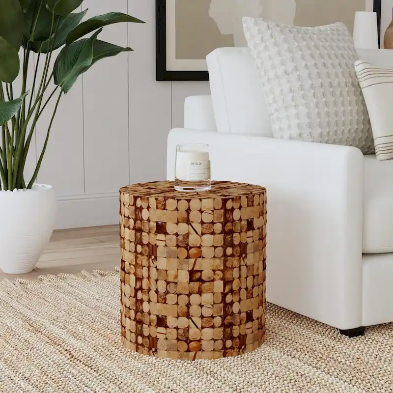 Round Coconut Shell Mosaic Accent Table by East at Main