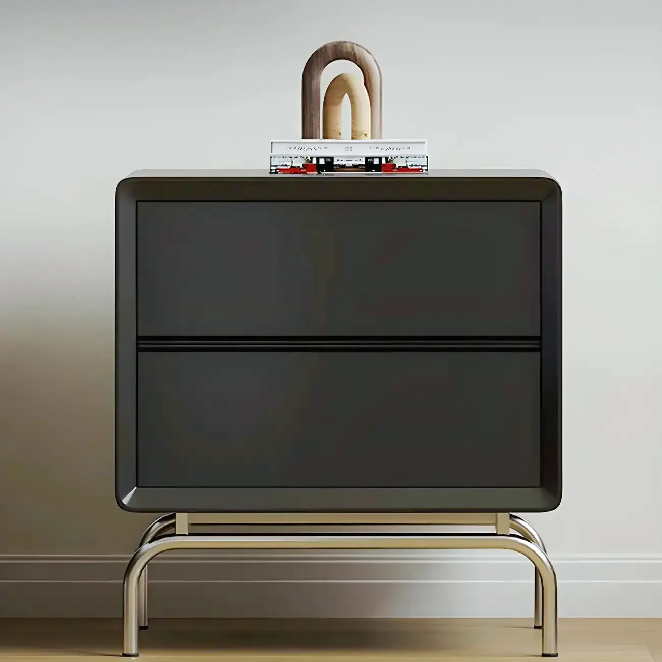 Classic Black Wood 2 Drawers Nightstand with Silver Metal Base