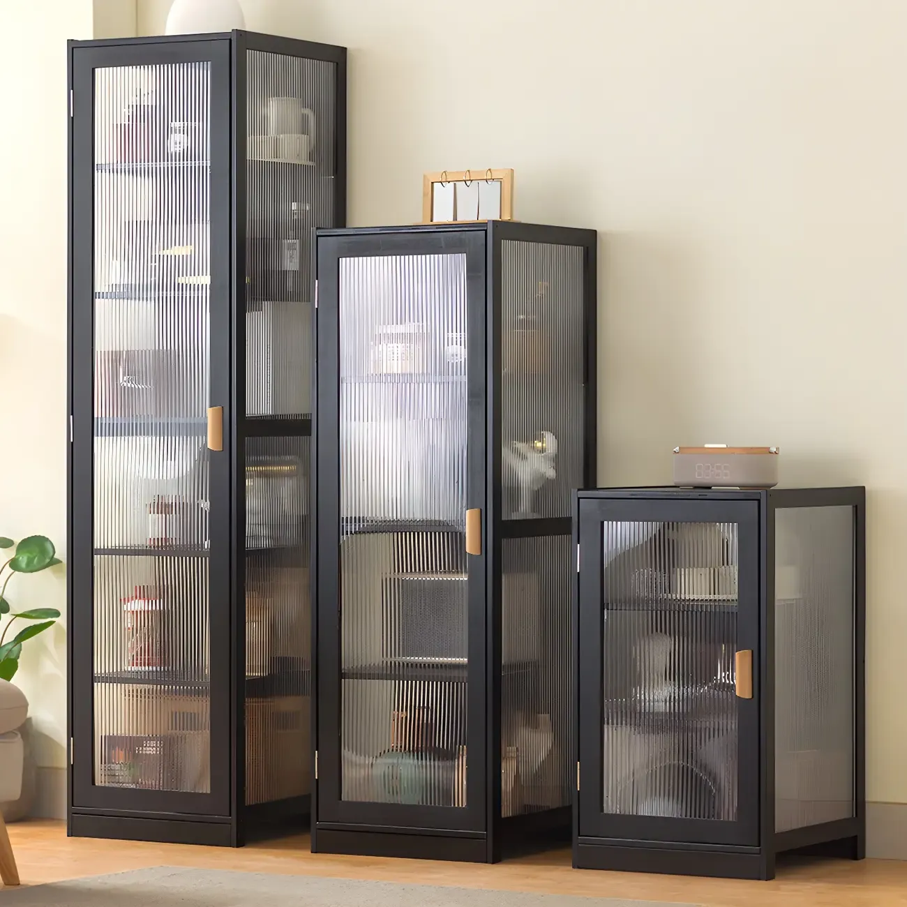 Narrow Adjustable Scandinavian Bamboo Glass Curio Cabinet