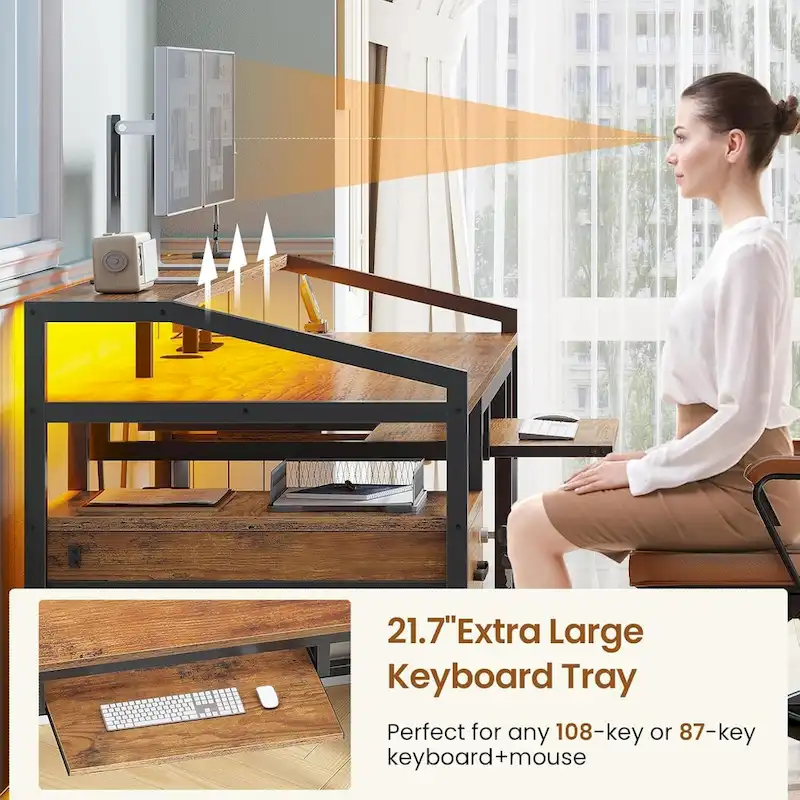 LED Computer Desk With Lock Drawers Keyboard Tray Power Outlet