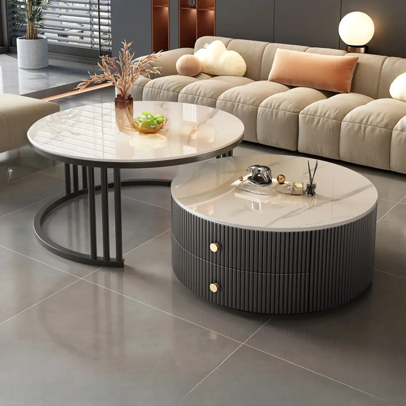 Modern White Round Nesting Coffee Table Set with Steel Base