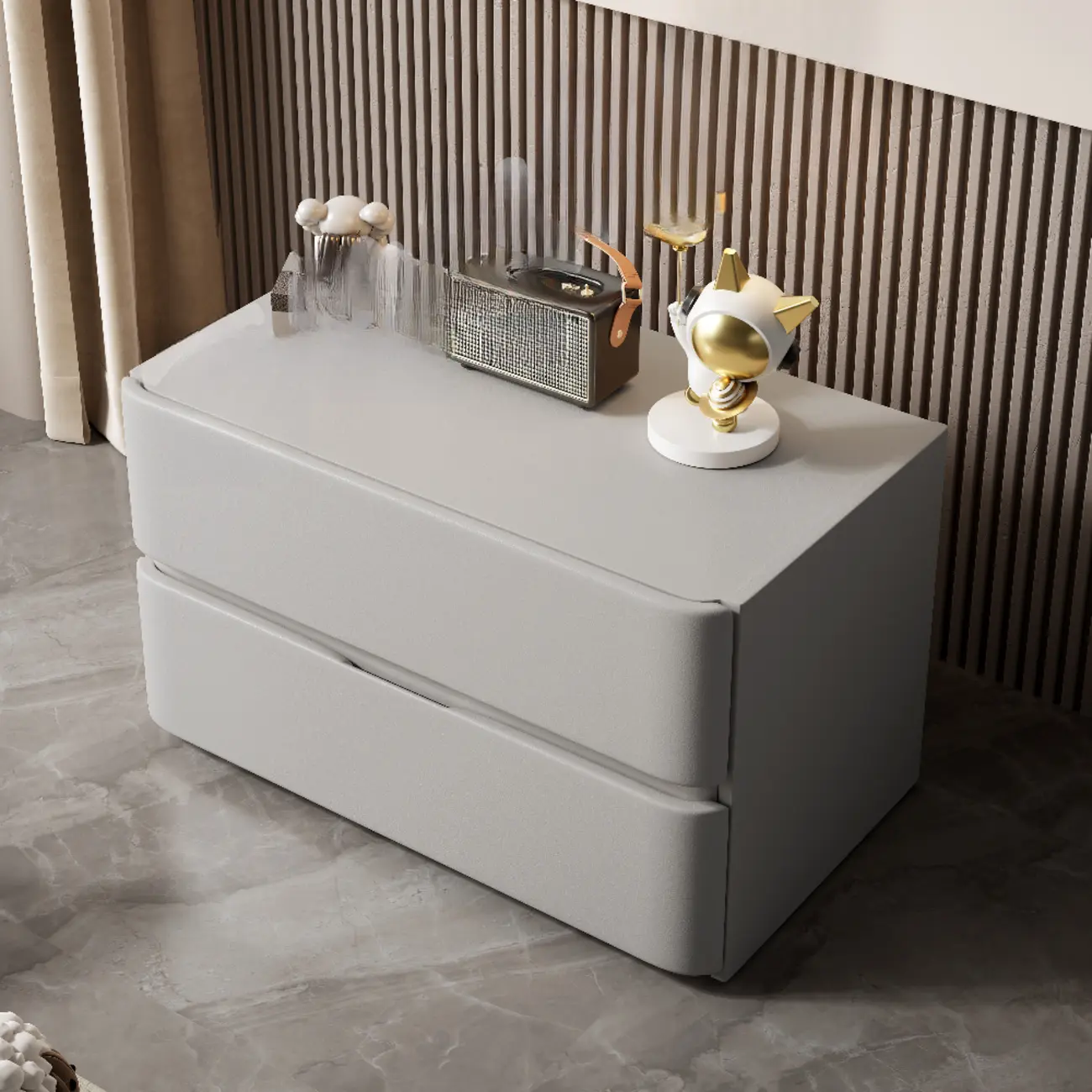 Modern Stone Top Wooden White Bedside Table 2 Drawers