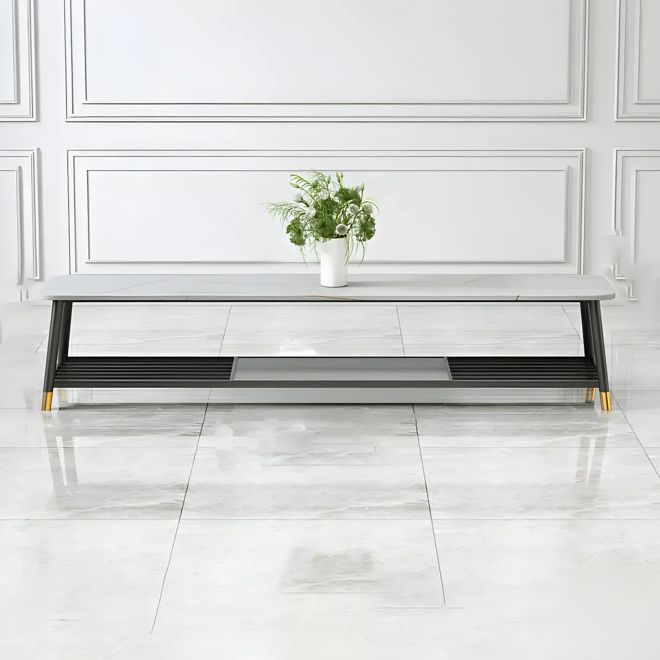 Modern White Stone TV Stand with Open Shelving