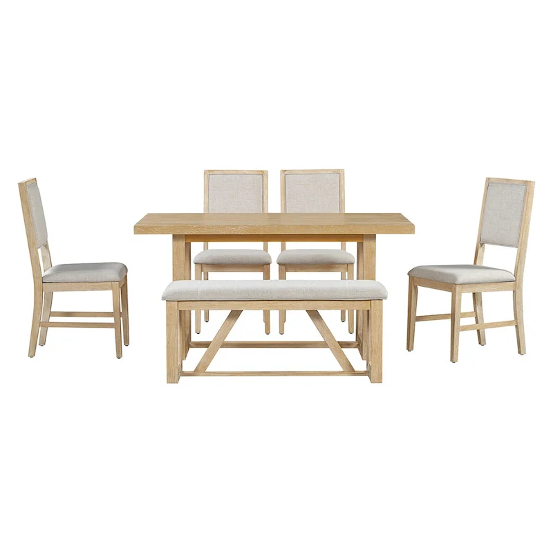 6 Piece Dining Table Chair Set, Wooden Kitchen Furniture Set with Acacia Wood Rectangular Table, 4 Chairs and 1 Bench