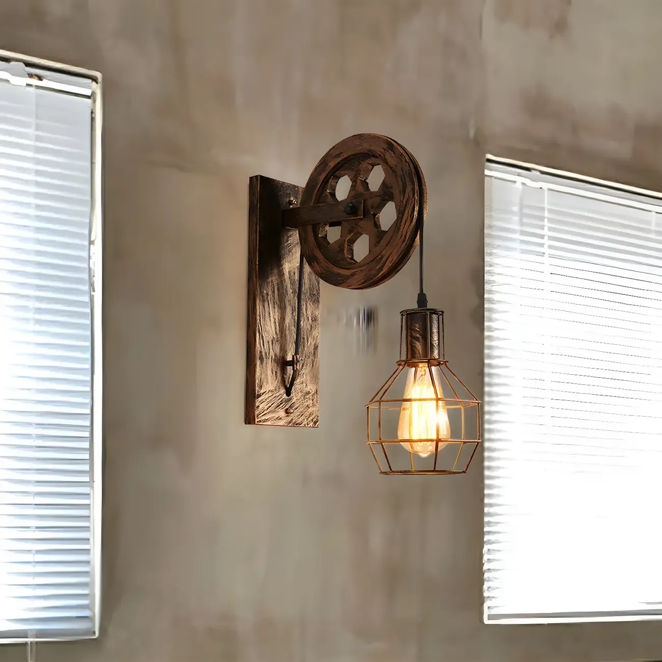 Industrial Bronze Cage Wall Sconce with Pulley & Swing Arm
