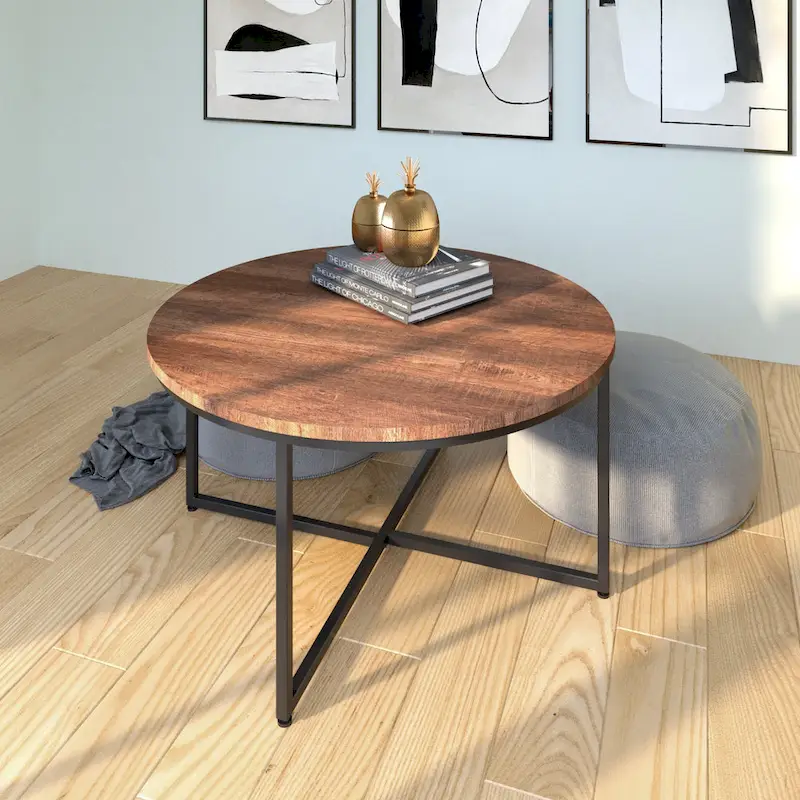 Brown / Natural Round Coffee Table, Metal & Wood, 1-Person